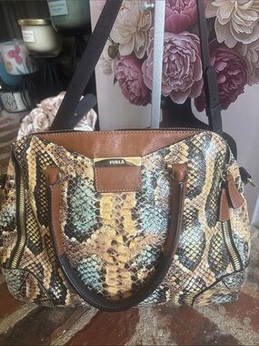 Furla Snake-Print Satchel Handbag in Brown Tan with Gold Hardware